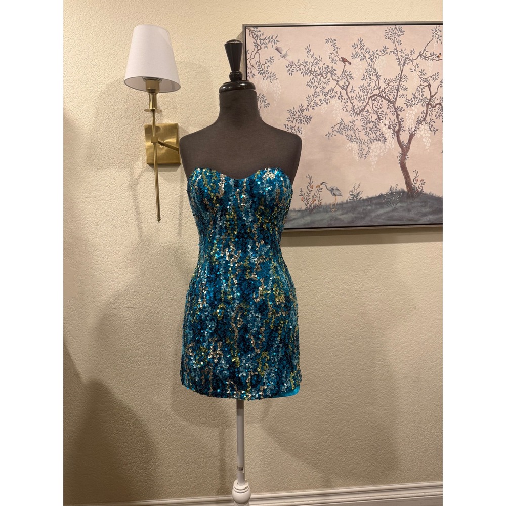 Scala Teal and Gold Sequin Strapless Mini Dress - Picture 8 of 10